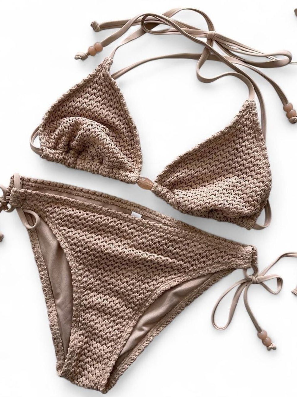 Beige Crochet Tie Bikini Set
